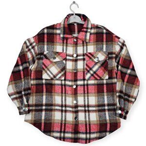 Oversized Red & Beige Plaid Flannel Button-Down Shirt Size S Dual Chest Pockets